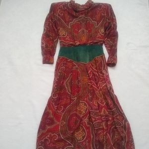 Vintage mock neck suede leather waist detail long sleeves paisley dress
